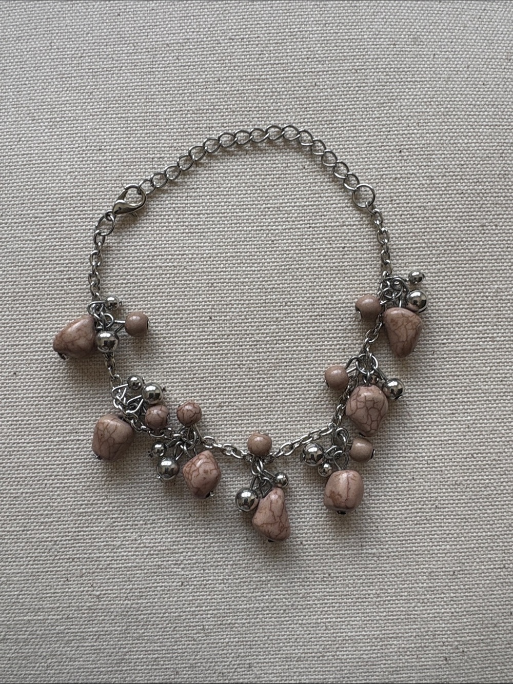 Beaded Charm Bracelet in Taupe with Silver Chain